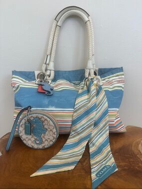 Coach Seaside Striped Canvas Tote with Scarf and Seahorse Charm